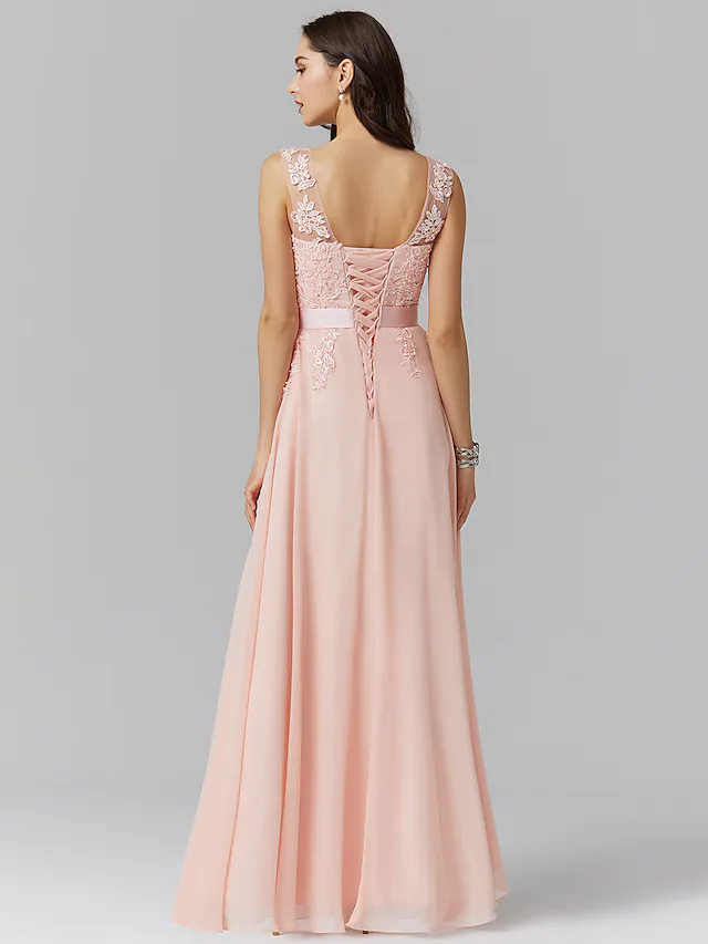 A-Linie Empire Elegantes Ballkleid Formeller Abend Illusionsausschnitt Ärmellos Bodenlang Georgette Perlenbesetzte Spitze mit Applikationen